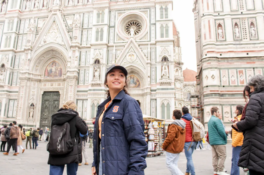Student exploring Florence, Italy looking at architecture.