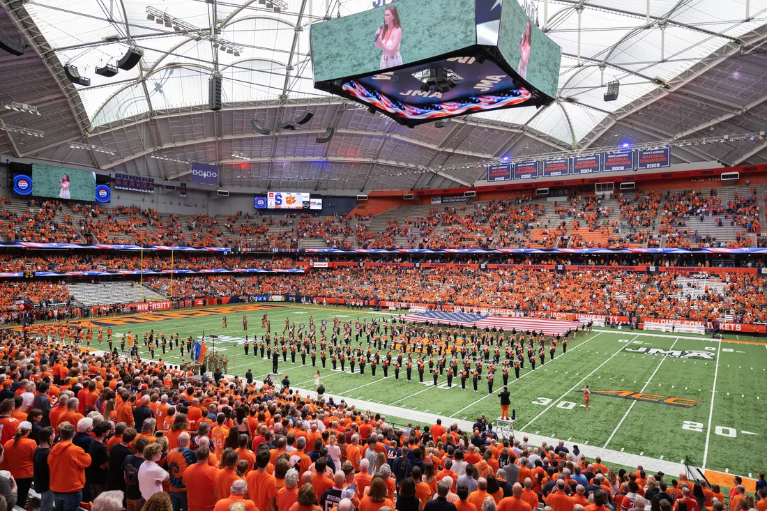 A full football stadium at the JMA Wireless Dome on Syracuse University Campus