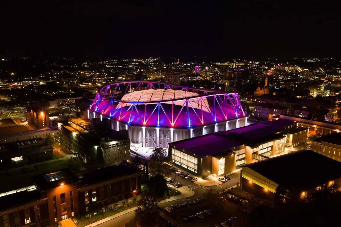 Birdseye view of outside the Dome at night.