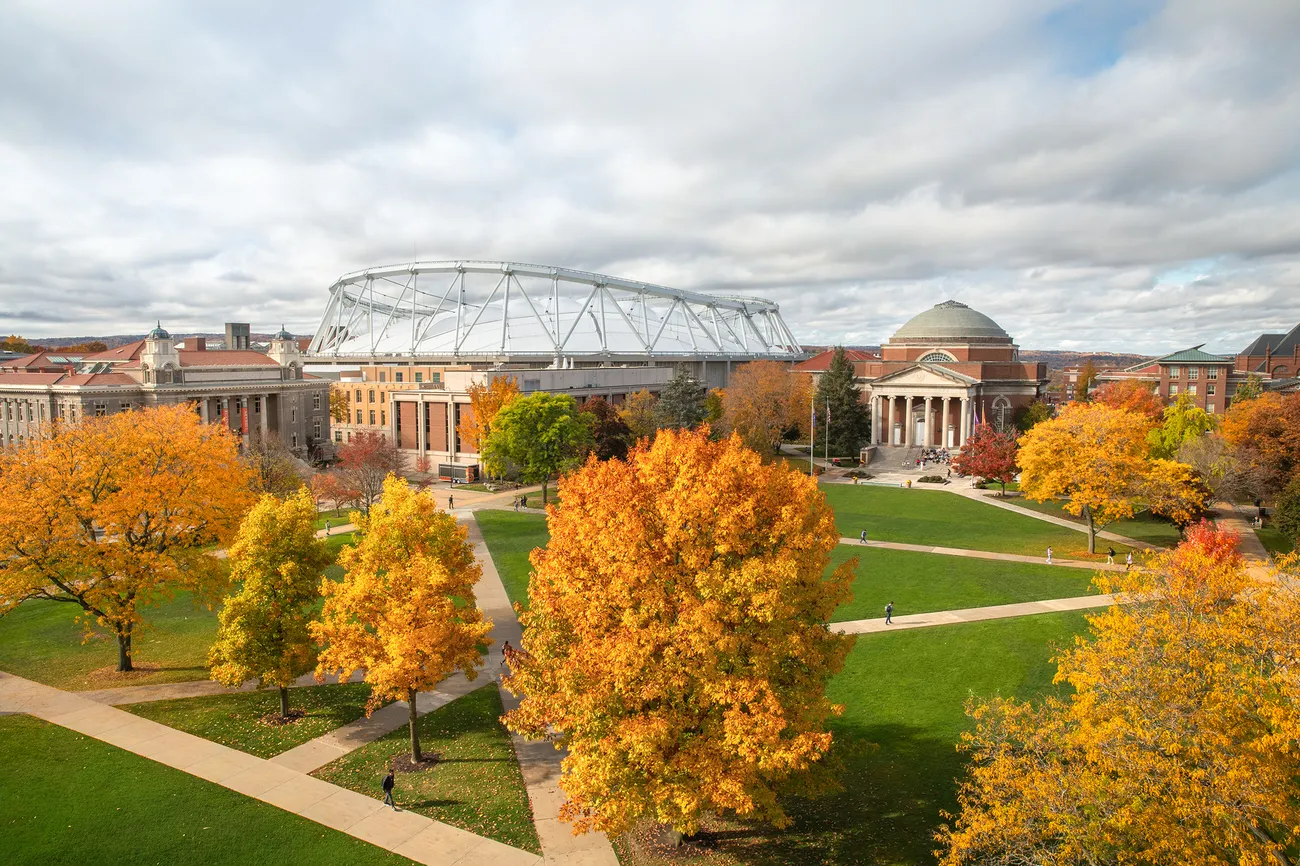 Aerial view of campus in the fall.