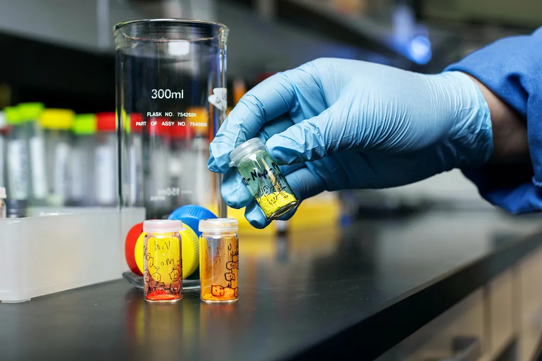 Hands hold samples inside scientific vials.