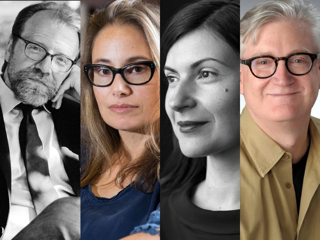 Side-by-side portraits of English professors George Saunders G'88, Diana Spiotta, Mona Awad and Jonathan Dee.