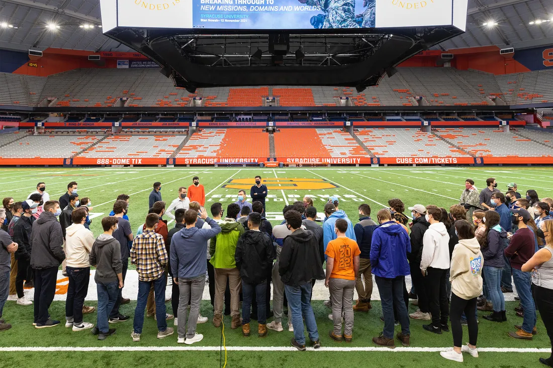 Design and engineering students gathered for a demonstration by AeroVironment, Inc.