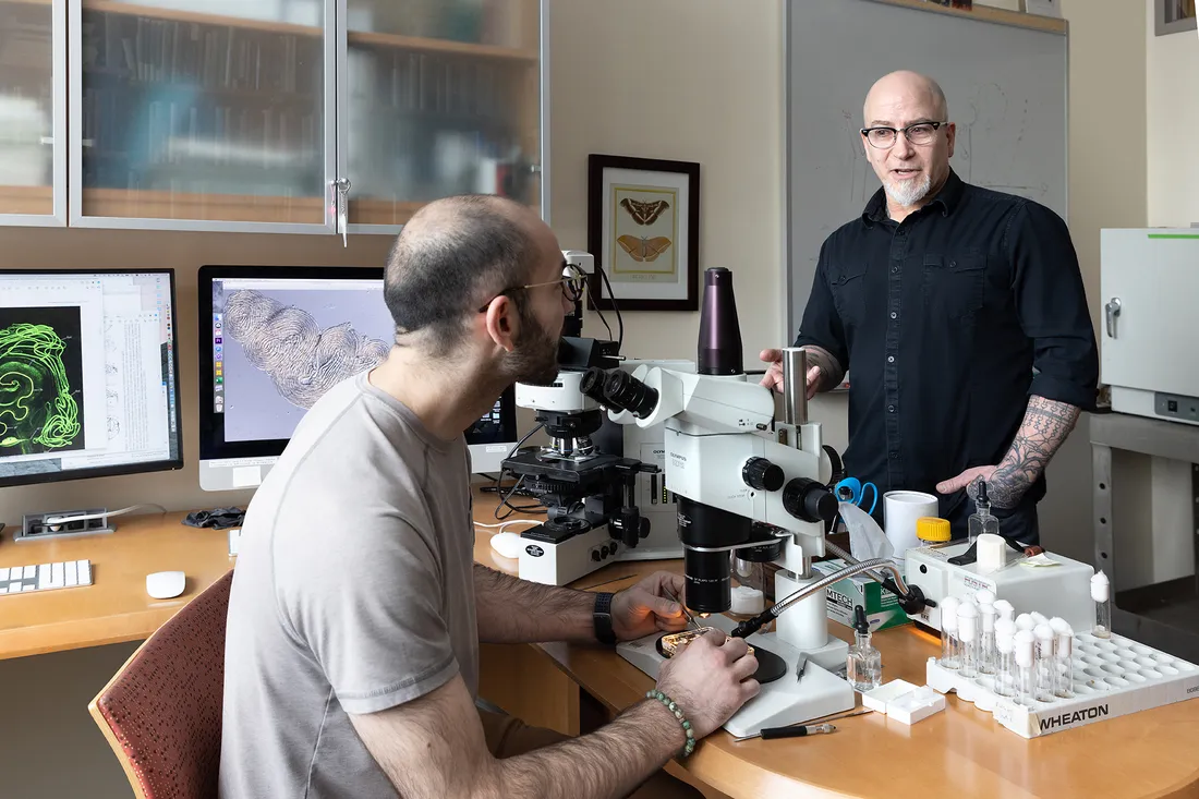 Two scientists work together in lab using a microscope.