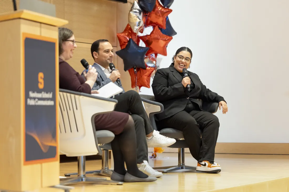 Carmella Boykin '21 speaking on a panel at the Newhouse and Whitman Schools' Center for the Creator Economy event.