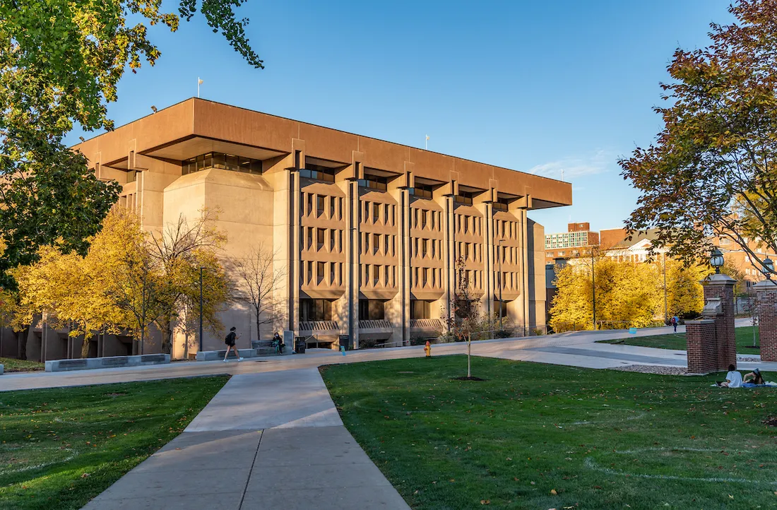 Exterior of Bird Library in the fall.