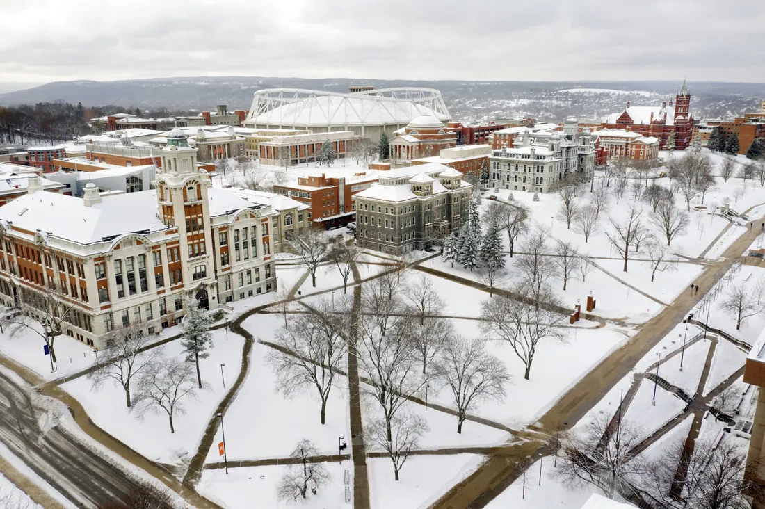 Overhead view of campus with snow on the ground