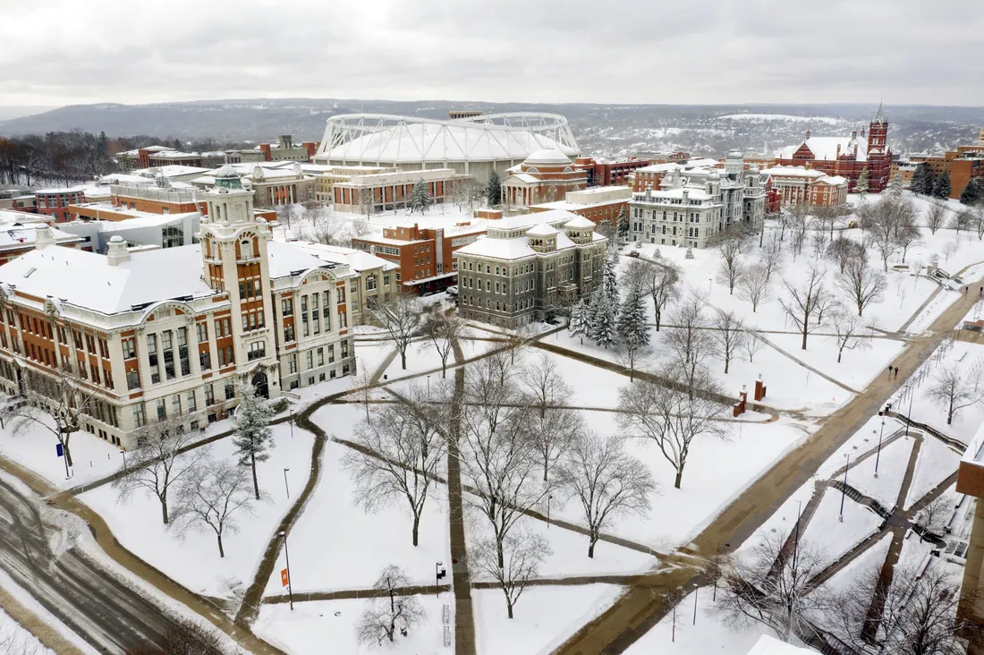 View from above of snow-covered roofs.