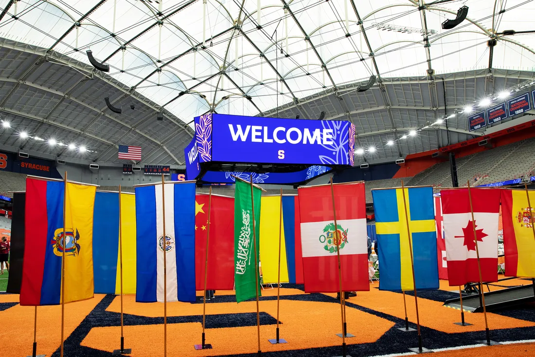 International students welcome flags.