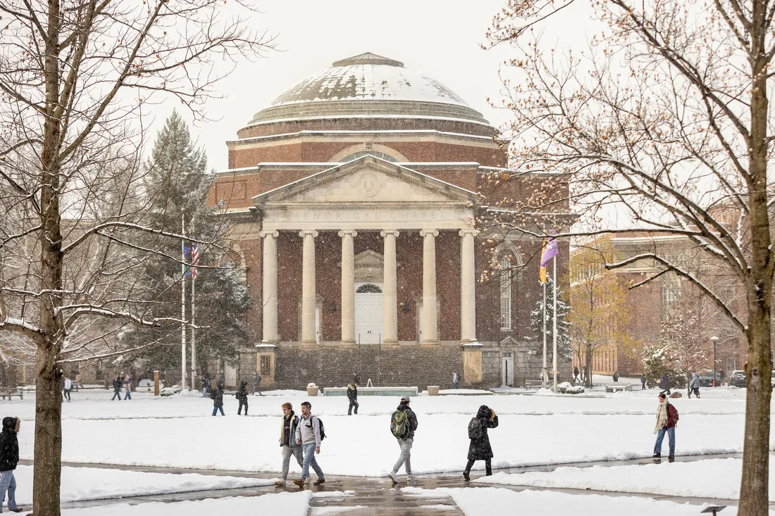 Students walking on quad during winter.
