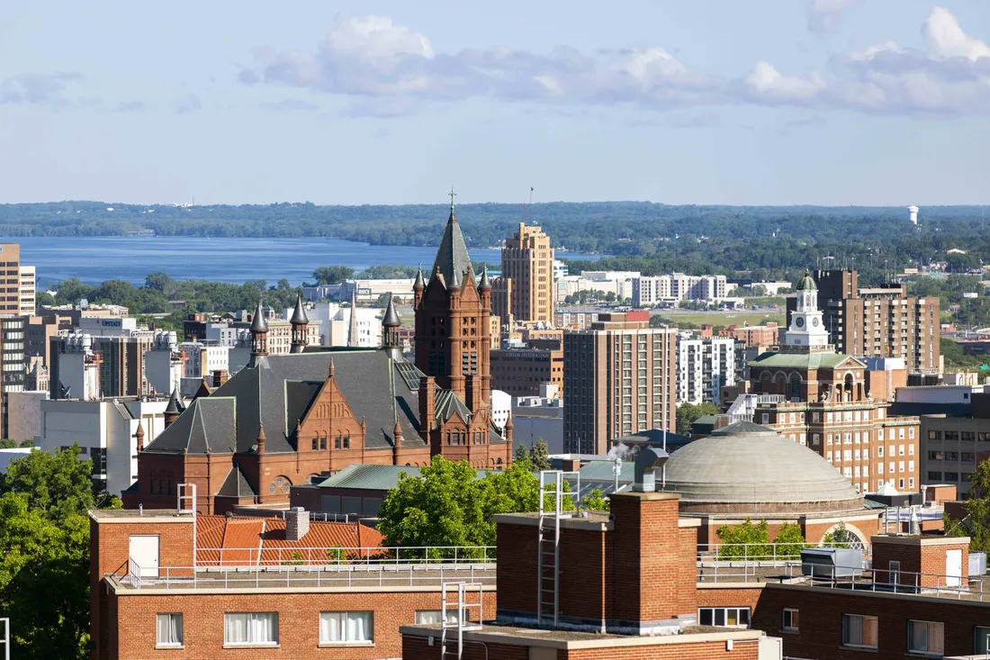 Drone shot of the City of Syracuse and Syracuse University campus.