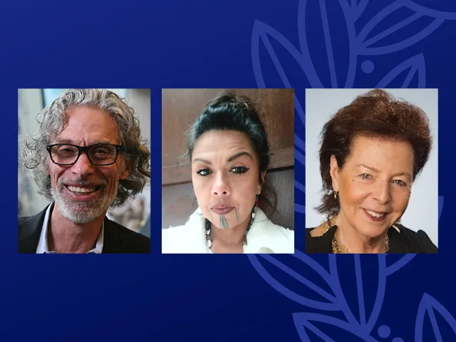 Three headshots of Commencement 2025 honorary degree recipients on a blue background.