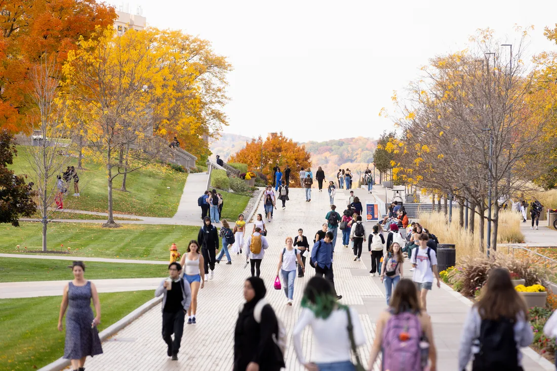 Students walking down a walkway