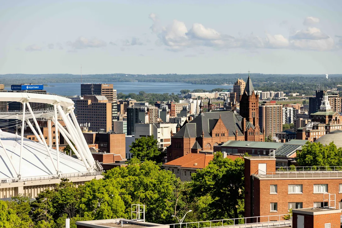 Overhead shot of the city of Syracuse.