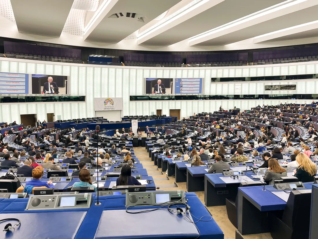 An entire boardroom of people at the World Forum on Democracy.