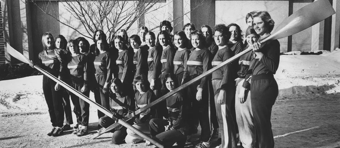 Archive women's rowing team posed image.