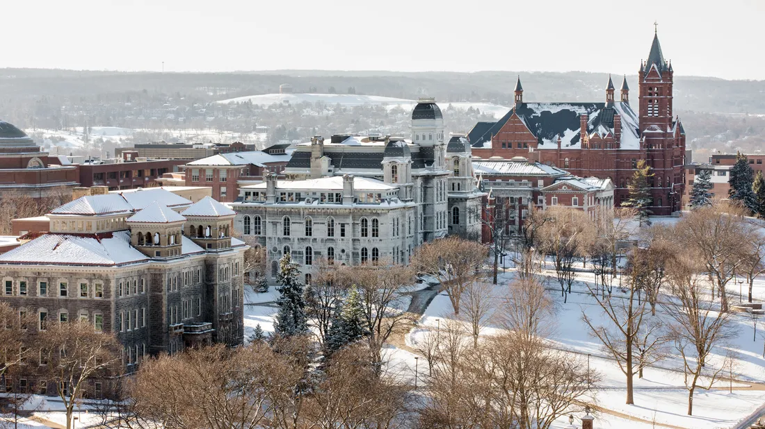 Campus on a snowy day from above.