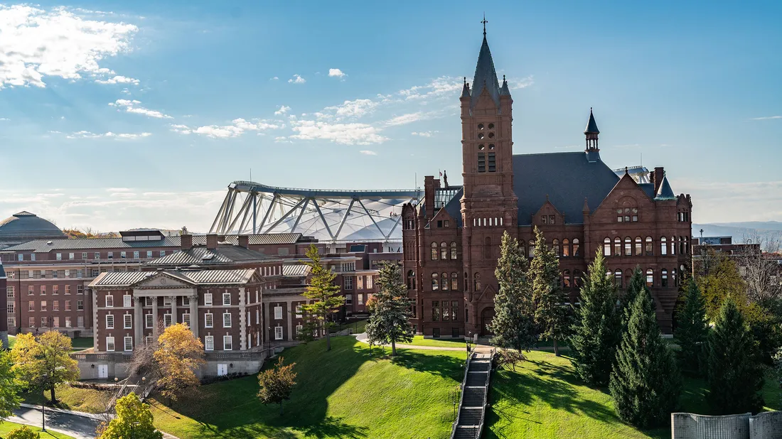 Drone shot of Syracuse University campus.